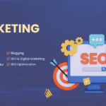 Blue graphic depicting a few designs about SEO and its categories